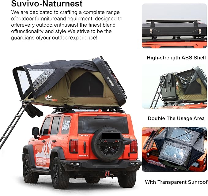 Naturnest Sirius1plus Hardshell Rooftop Tent with 2 Luggage Racks and Skyview Window, Aluminium Roof Top Tent with 3-Color LED Lights and Internal USB Plug for Jeeps, SUVs and Trucks, 2-3 Person