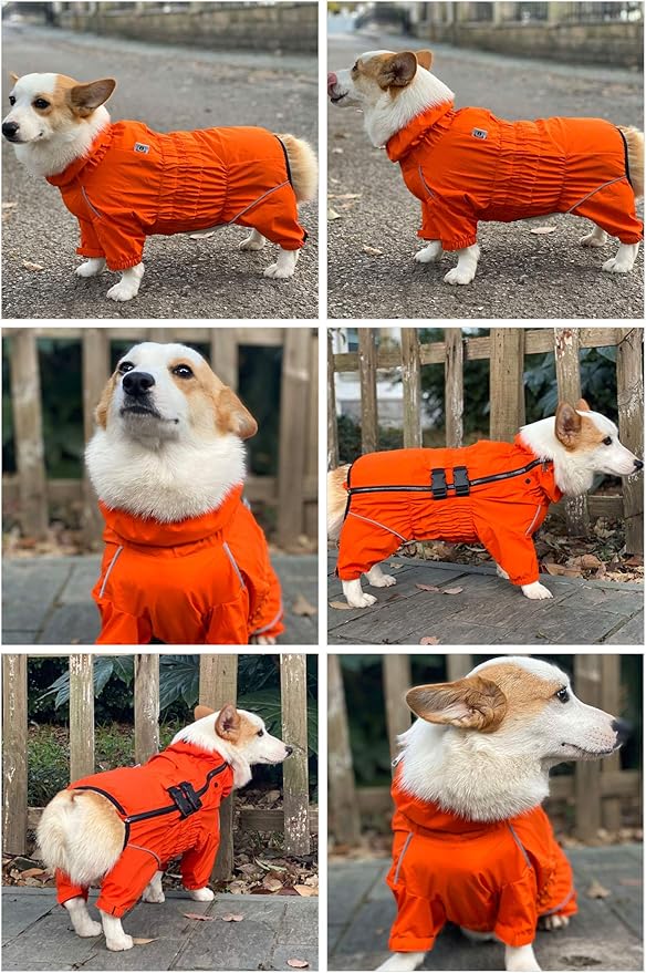 Dogs Waterproof Jacket, Lightweight Waterproof Jacket Reflective Safety Dog Raincoat Windproof Snow-Proof Dog Vest for Corgis Dachshund Small Medium Large Dogs Orange D-L