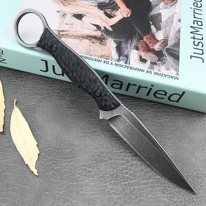 EDC Fixed Blade Knife with Kydex Sheath, Full Tang Survival Knife,8Cr13Mov Blade Black G10 Handle with Finger Loop,Tactical Knife Gifts for Men (black1)