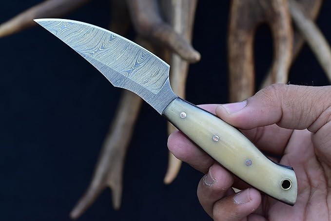 Knives Ranch Handmade EDC Fixed Blade Hunting Knife ??Forged Damascus Steel ??Bone Handle ??Horizontal Carry Sheath ??Outdoor Cowboy Knife (3180-B)