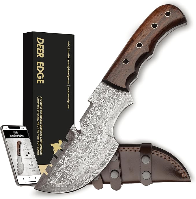 9.5" Handmade Damascus Knife with Leather Sheath | Elite Outdoor Companion | Damascus Steel Blade with Wood Handle | Dark Brown Handle with Sheath Included | Unparalleled Camping Performance