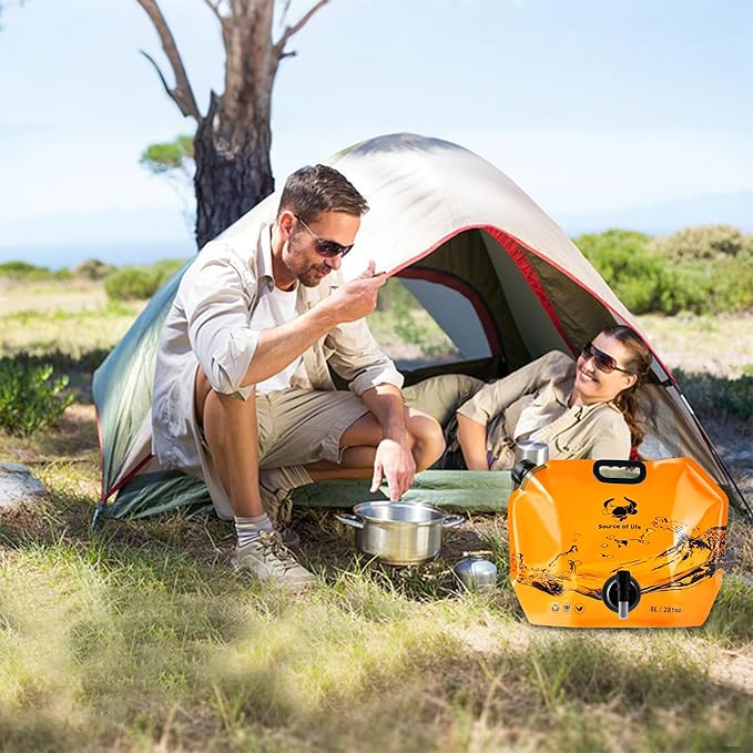 Collapsible 8L Water Storage Bag, BPA-Free Portable Folding Water Jug with Adjustable Faucet, Leakproof Emergency Water Bag for Camping, Hiking, Riding, Outdoor Sport (Blue & Orange 4)