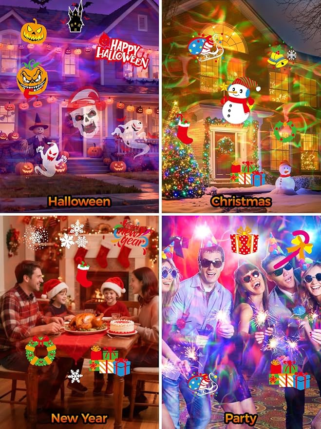 Christmas & Halloween Projector Lights Outdoor/Indoor – No Slides Needed | 12 Patterns & 7 Colors for Festive Decor | Remote & Timer Control | IP65 Waterproof Yard/Garden/Patio (Black 1)