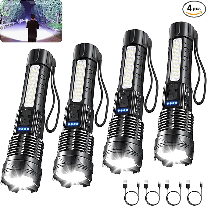 4Pack Rechargeable Flashlights, 7Mode Flashlights High Lumens, Super Bright LED Flashlight, Adjustable Tactical Flash Light, High Powered Flash Light, Handheld Flashlight for Home Emergency Camping