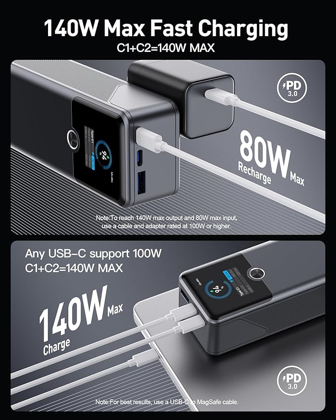 Power Bank, 20000mAh 3-Port Laptop Portable Charger with 140W Fast Charging, Smart Display, for Outdoor, Compatible with iPhone 16/15/14 Series, Samsung, MacBook, iPad, and More(White)