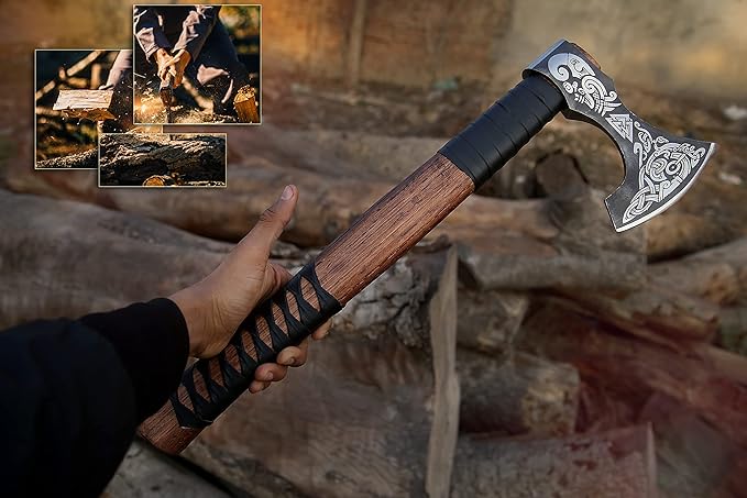 Viking Axe – 19 Inch Rosewood Handle Camping with Leather Sheath, Throwing Axes and Tomahawks, Wood Splitting Axe, Bushcraft - Gift for Father’s Day, Husband (Erik) BLACK