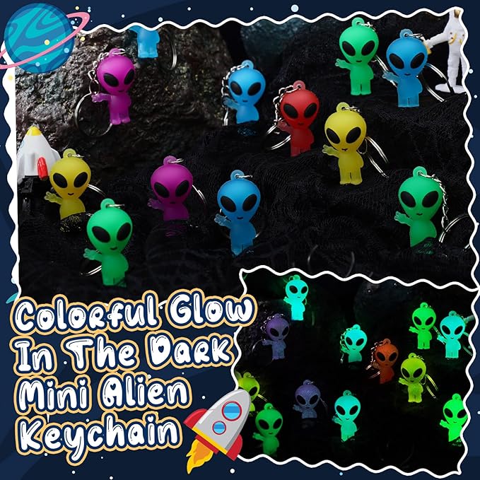 24 Pcs Alien Party Favors Alien Keychains Glow in The Dark Space Keychain Mini Aliens Figures Little Bulk Gift Prizes Goodie Bag Piñata Halloween Stuffers for Music Festival Easter (Colorful)