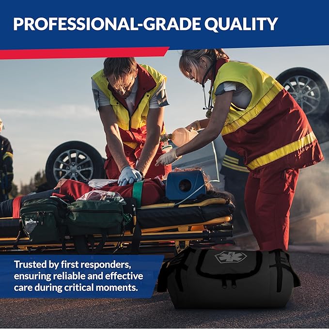 Fully Stocked Trauma First Aid Kit ??First Responder II Bag with Tools, Gauze, Bandages, Scissors & Gloves ??Compact & Portable ??OSHA and ANSI Compliant ??Black