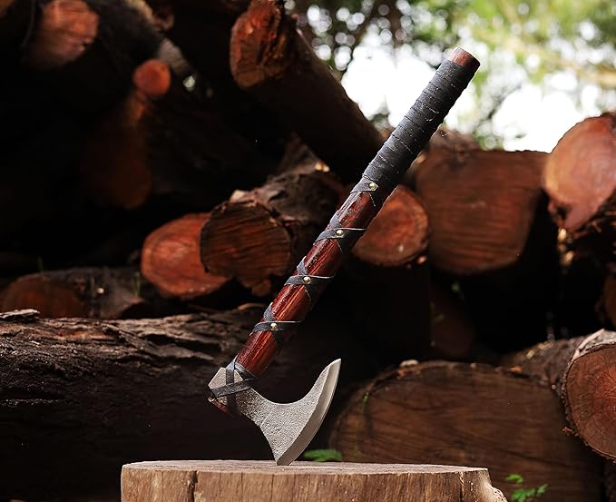 WAZIR Crafts Viking Axe | 17″ Hand-Forged Carbon Steel Tomahawk with Rosewood Handle & Leather Sheath, Bearded Axe for Camping, Bushcraft, Throwing, Gifts for Men (WCA‑015)