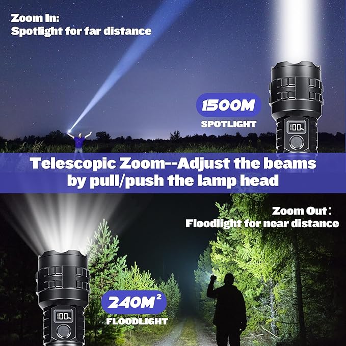 Flashlights High Lumens Rechargeable, 1000000 Lumens Hight Lumens Super Bright Handheld LED Flash Light,Powerful Emergency Linternas, Waterproof, Long Lasting, for Hiking Camping Gift
