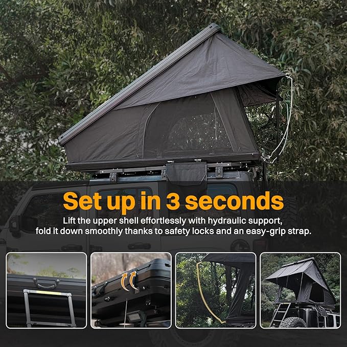 Hardshell Rooftop Tent, Car Roof Tent for Camping, Jeep, SUV, Van, with Aluminum Alloy Shell, 300D Oxford Cloth,3000mm Waterproof Rating, Mesh Windows, Mattress, Ladder, for 2-3 People, Black