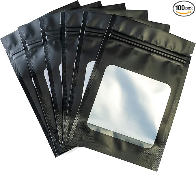HANSER | Smell Proof Odorless Mylar Resealable Foil Pouch Bags with clear Window | Stand up bottom | Airtight | matte black | 100 Pieces | 4x6 inches