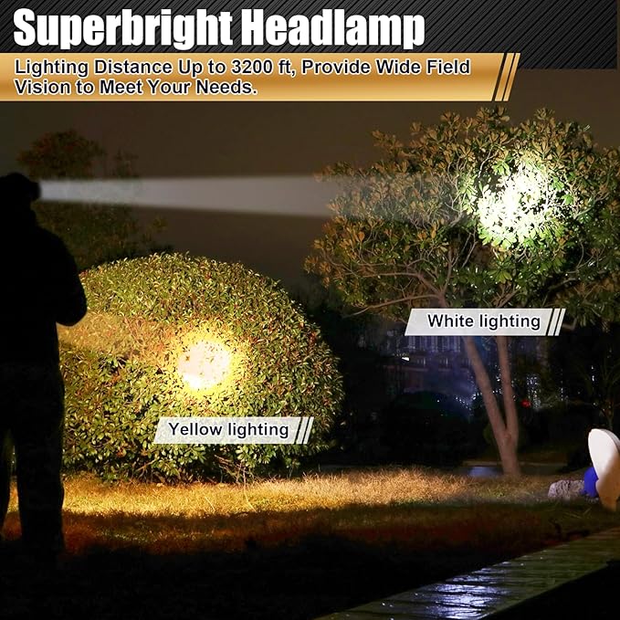 LED Rechargeable Headlamp, Super Bright Waterproof Headlight Spotlight, Hard Hat Flashlight for Coon Hunting, Fishing, Camping, Hiking, Dog Walking, Outdoor Running, Emergency Work Lighting