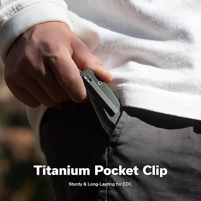 CIVIVI Clingman EDC Pocket Folding Knife with Titanium Reversible Clip, 2.99" Nitro-V Blade Micarta Handle Liner Lock Knife, Gift for Men Women C23065-4 (Green)