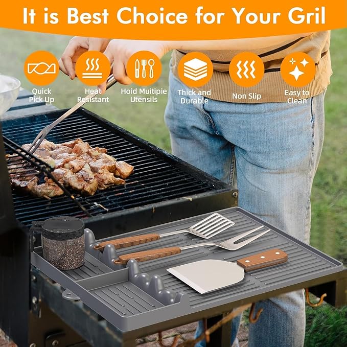 Griddle Mat Compatible with Blackstone, Silicone Grill Tools with Drip Pad, Spatula Mat for Outdoor Grill, Side Shelf Pad (Grey-2Pcs)