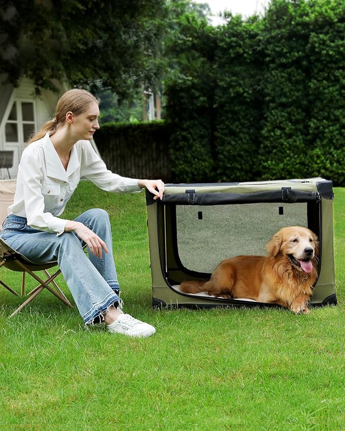 30-Inch Collapsible Travel Dog Crate, Portable 4-Door Soft Kennel for Medium to Large Dogs, Durable Mesh Windows, Indoor/Outdoor Use, Foldable, with Storage Bag (Green)