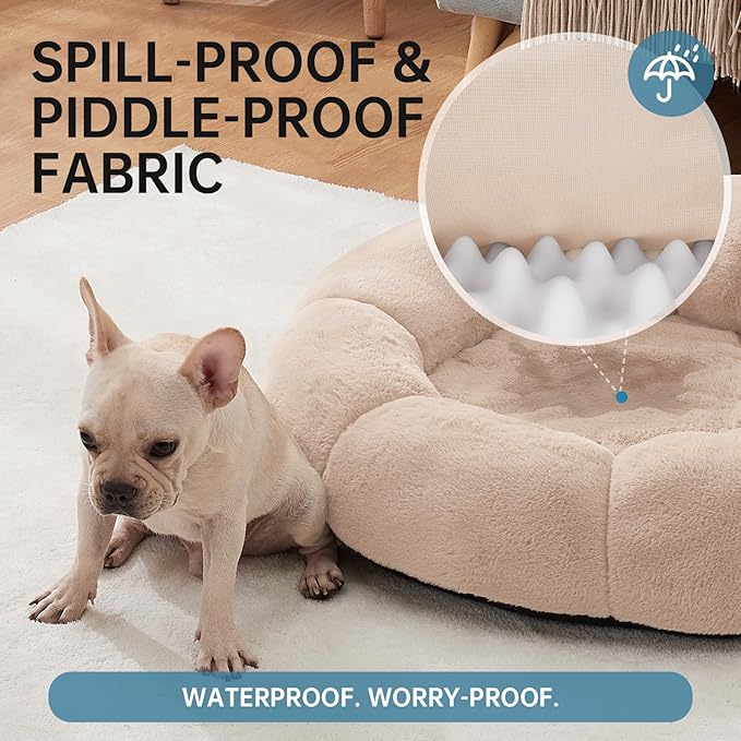 OhGeni 31 inches Calming Donut Orthopedic Dog & Cat Bed for Medium Pets, Warming Comfort Fluffy Short Pile Fur, Durable Waterproof Machine Washable Removable Cover, Cute Round Bed for Puppy, Cream