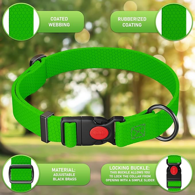 Adjustable Dog Collar with Safety Lock Buckle - Made in USA - Honeycomb Waterproof Heavy Duty Dog Collars for Medium Large Dogs - Odor Proof Pet Collar for Dogs with Strong Zinc D Ring Green