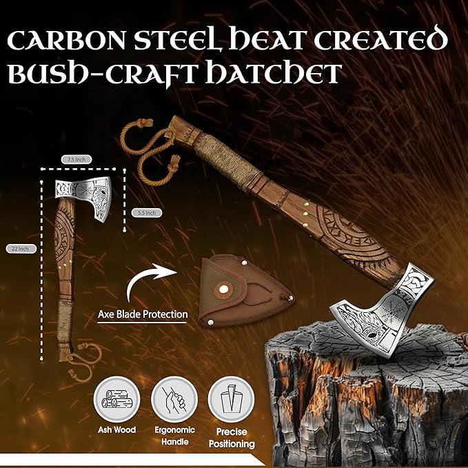 Viking Axe Forged High Carbon Steel Viking Axe | Balanced Ax | Odin Norse Bearded Axe | Camping Hatchet Axe | Sheath Included Handcrafted Ash Wood Shaft | Viking Gifts for Men
