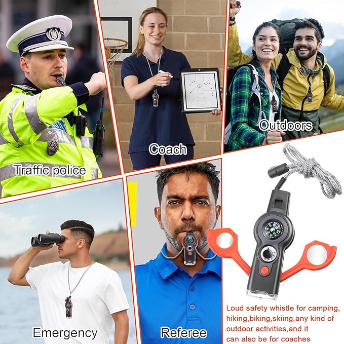 12 Pack Emergency Survival Function Whistle 7-in-1 Compass Hiking Survival Safety Whistle with Lanyard Outdoor Multifunctional Tool Ideal for Hiking Camping Rescue Signaling