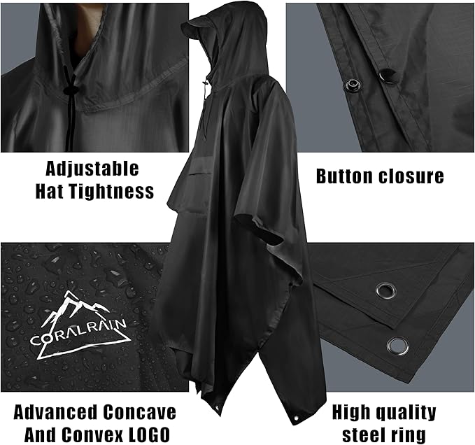 Coralrain Hooded Rain Poncho Lightweight Waterproof Unisex Raincoat Jacket with Pocket for Men Women Adult