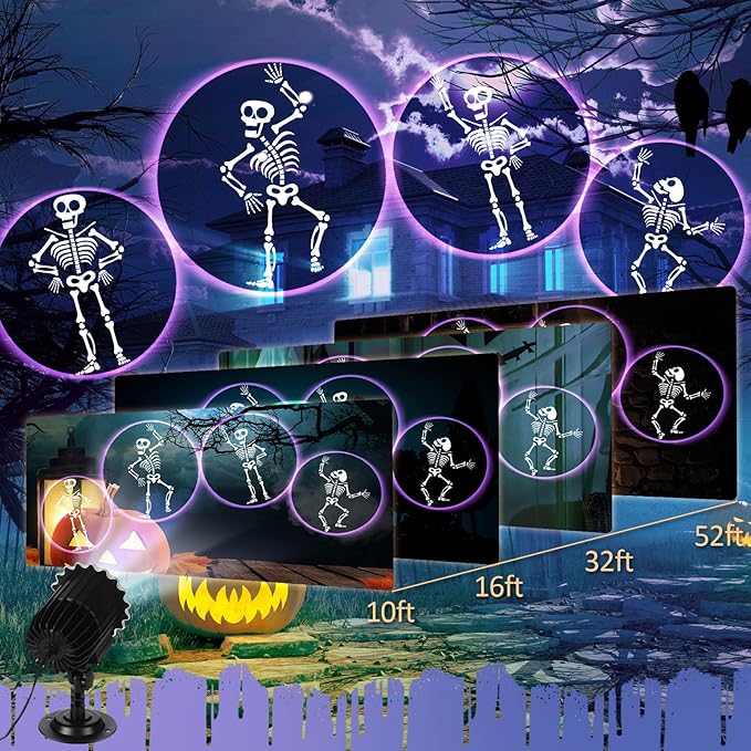 Halloween Projector Light with 1 Film Slides Holiday LED Projector Lights Outdoor Reflectors Waterproof Landscape Decorative Rotation Lighting Movement Projection Lamp(Dance Skeleton)