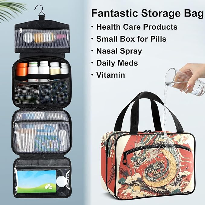 Fustylead Chinese Dragon Painting Empty Travel First Aid Bag Large Home Medication Bag with Zipper for Pills,Vitamin,Fish Oil,Supplements for Women and Men