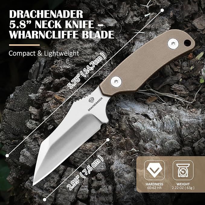 X-WH EDC Horizontal Carry Neck Knife wtih Clip Fixed Blade Knife with Kydex Sheath, D2 Steel Blade Full Tang small Wharncliffe Knife G10 Handle, (Khaki)