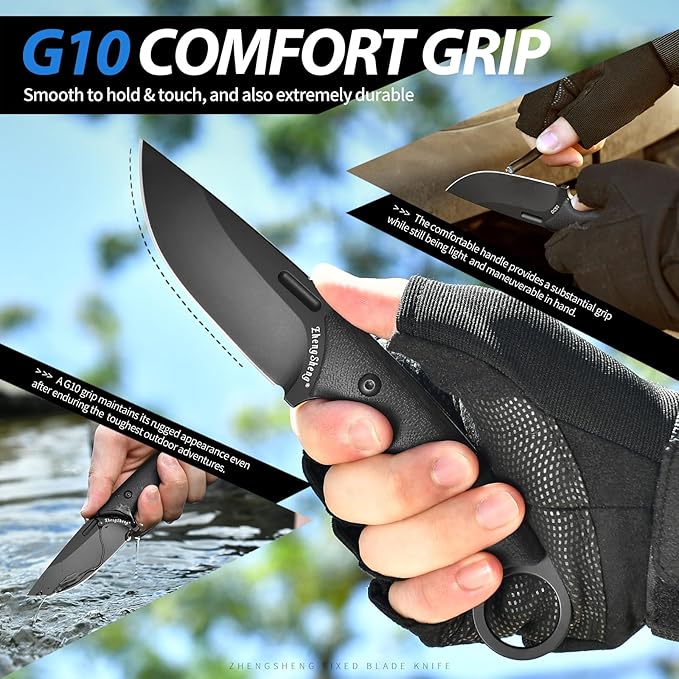 Fixed Blade Knife with Sheath, 3.2??DC53 Steel blade with Black Titanium Coating and G10 Handle Full Tang Outdoor Camping Hiking Survival Knives for Men Women