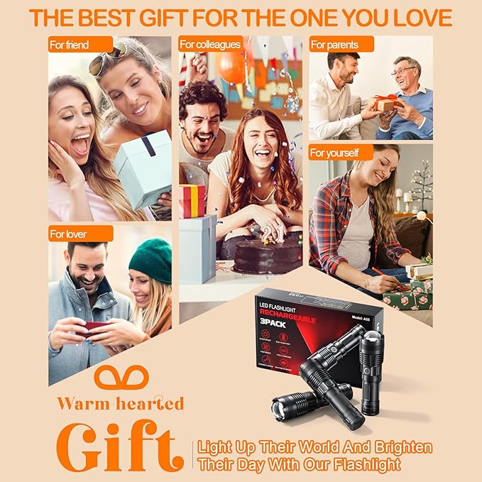 Rechargeable Flashlights High Lumens, 3 Pack Super Bright Tactical Flashlight With Adjustable Lighting Modes, Zoomable Handheld Led Flash Light For Camping Emergency Home Gift (Battery Included)