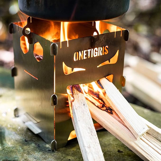 OneTigris Camping Backpacking Stove Portable Foldable Burning Wood Stove for Outdoor Hiking Picnic BBQ,Stainless Steel (Medium)