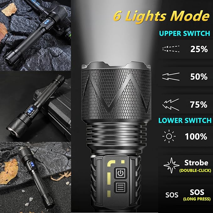USB-C Rechargeable Tactical Flashlight 10000 High Lumens, XHP360 70W Super Bright LED Flash Lights with Zoomable & 1600ft Beam, Long Lasting Powered Handheld Flashlight for Home, Emergencies, Camping