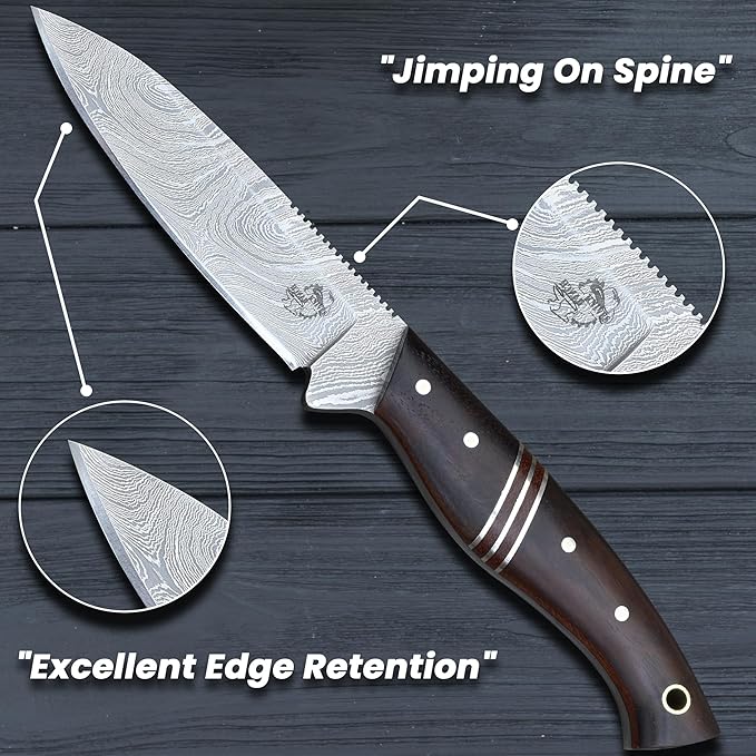 Knives Ranch Premium Hunting Knife - Handmade - 3/16" Full Tang Damascus Blade - Excellent Edge Retention - Rosewood Handle - Heavy-Duty Leather Sheath (3197-IRW)