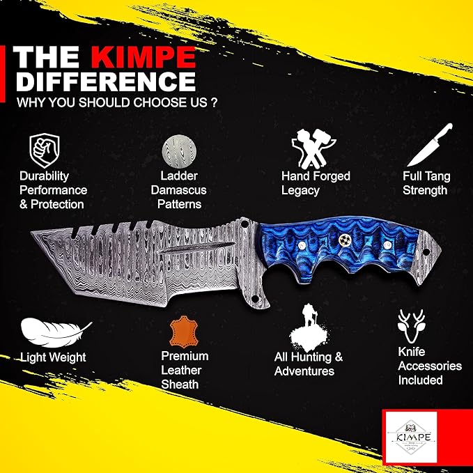 KIMPE 10.5?™â€?Damascus Hunting Knife with Leather Sheath-Fixed Blade EDC Knife-Bushcraft Knives-Wood Handle-Best Camping & Survival Knives-Knives for Men. (Pakka-Blue)