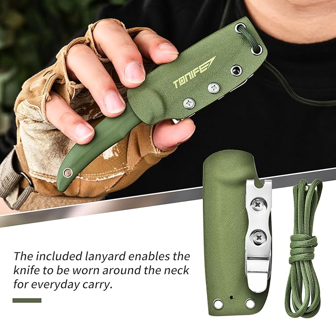 TONIFE Nova 2.68'' Blade Mini Neck Knife Full Tang Fixed Blade Knife with Kydex Sheath and Adjustable Paracord Lanyard for Camping Outdoor Survival Tool (Green+Grey Titanium)