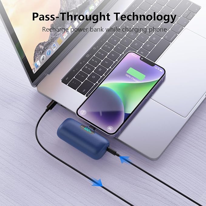 Mini Portable Charger for iPhone,Upgraded 5000mAh PD Fast Charging Battery Pack,LCD Display Cute Power Bank Portable Phone Charger for iPhone 14/14 Pro Max/13/13 Pro/12 Pro/11/XS/XR/X/8/7/6-Deep Blue