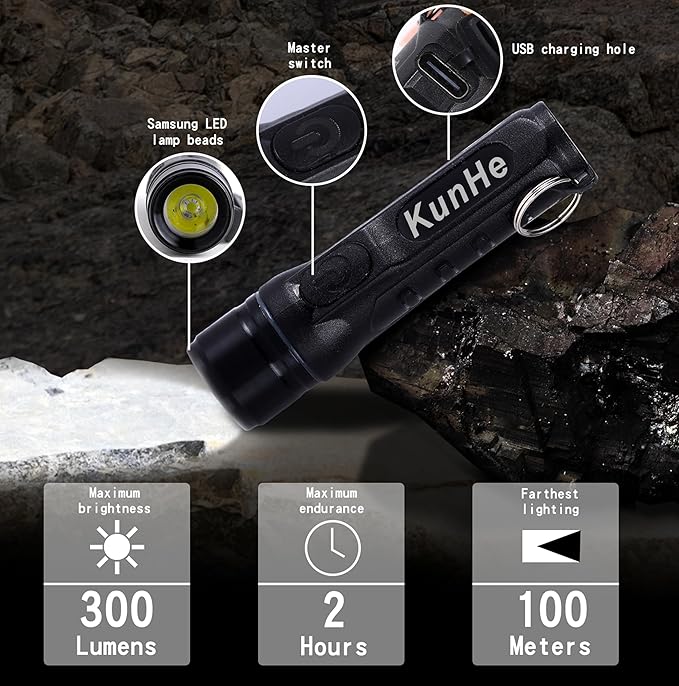 KunHe 20 Pack Bulk Keychain LED Flashlight Small Mini Rechargeable Flashlight Pocket Keychain Light Portable 300 Lumens for EDC Emergency Gift