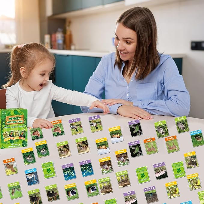 gisgfim 50 Pairs Memory Matching Games Spanish English Bilingual Animal Memory Matching Games Educational Game for Kids and Adults A Fun & Fast Animal Game Toddlers Preschool Family Board Gift