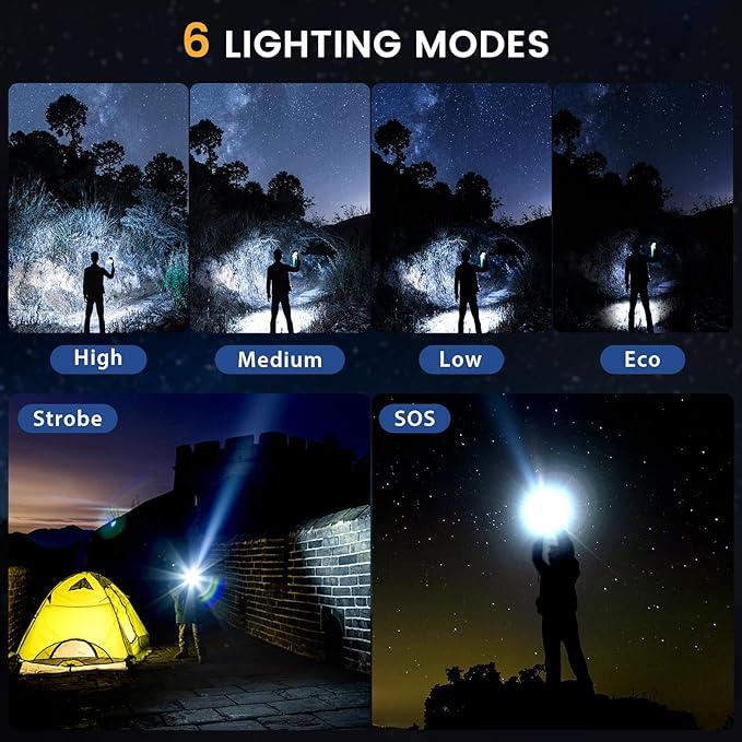 Rechargeable Flashlight 10000 High Lumens, Super Bright Flashlight Compact, Flashlight Rechargeable USB-C Zoomable, 6 Modes Handheld Flashlight Suitable for Home Emergency, Outdoor, Hiking, Camping