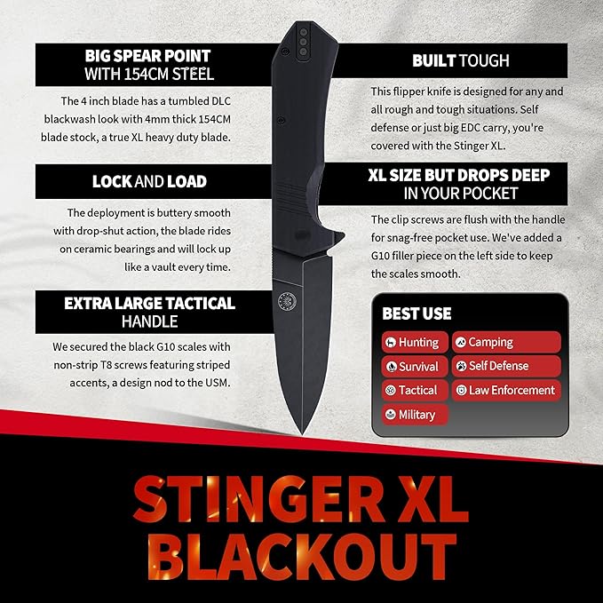 Off-Grid Knives - Stinger XL Folding Knife w. Spear Point Blade, Crucible 154CM Steel, G10 Scales, Deep Carry Clip (Blackwash)