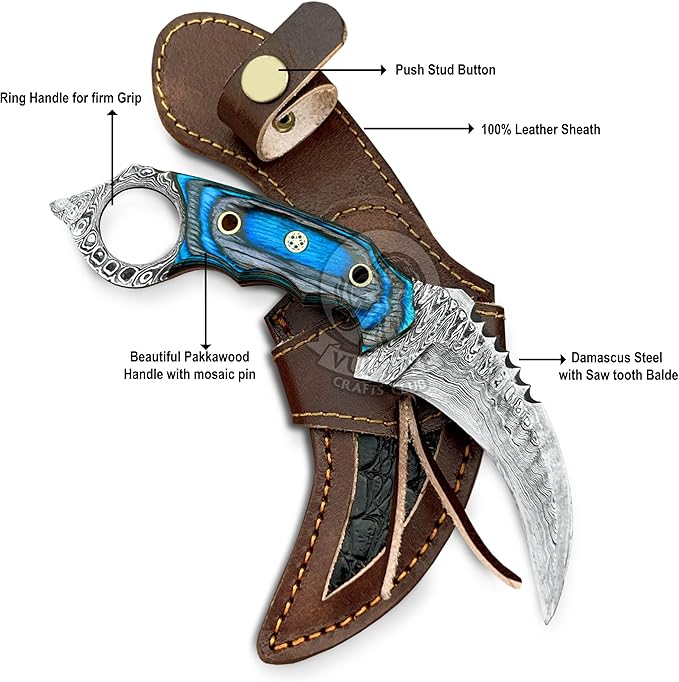 Damascus steel Handmade Knife, Survival claw Tactical teeth Knife Double edged sharp, Fixed Blade Knife With Sheath, Curved knife