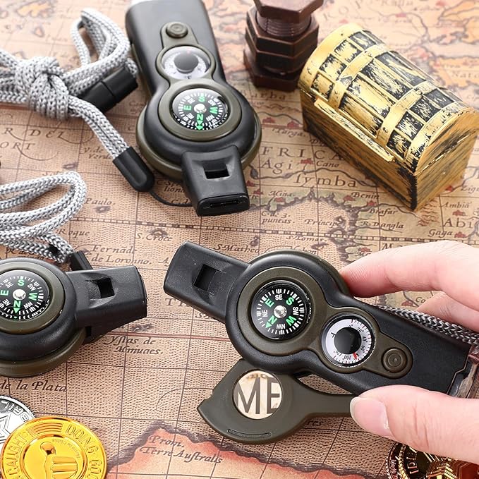 12 Pack Emergency Survival Function Whistle 7-in-1 Compass Hiking Survival Safety Whistle with Lanyard Outdoor Multifunctional Tool Ideal for Hiking Camping Rescue Signaling