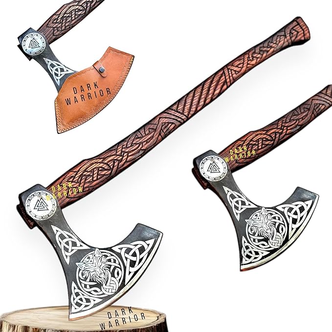 Dark Warrior | Ragnar Lothbrok Viking Axe Hand Forged Carbon Steel Viking Axe Camping Axe Berserker Axe, Large Norse Axe,Scandinavian Double Headed Axe Functional Viking Battle ax Norse Mythology