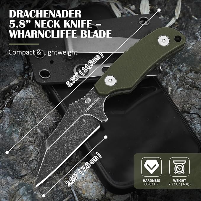 X-WH 5.78" Neck Knife with Kydex Sheath, D2 Steel Stonewashed Wharncliffe Blade with G10 Handle, Fixed Blade Knife for Men