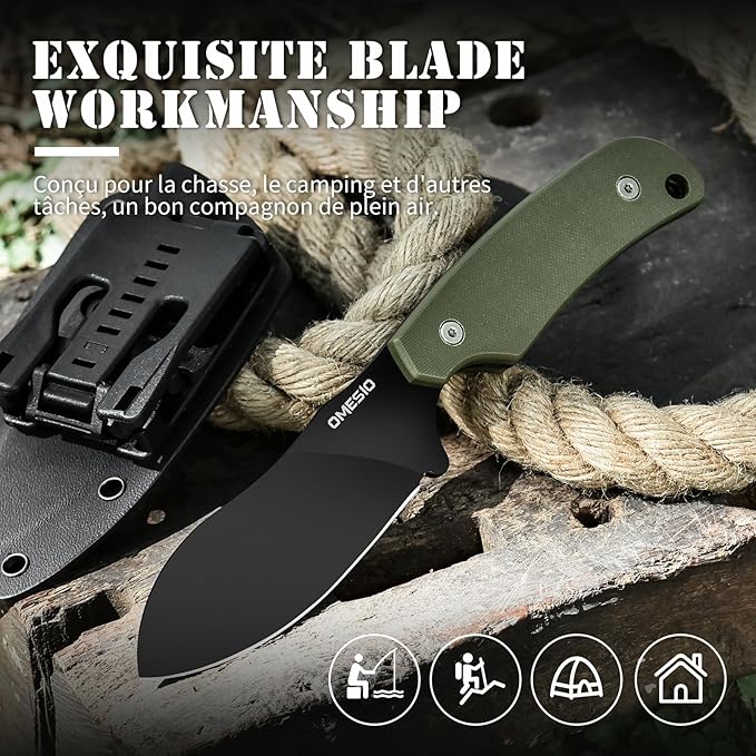 Omesio Nessmuk Hunting Knife Fixed Blade Knife with Kydex Sheath, 8.86??Full Tang D2 Steel Ergonomic G10 Handle Horizontal Carry Camping Outdoor knife, Perfect Gifts for Men