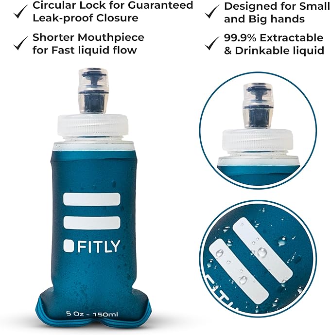 Premium Soft Flask - 5 oz (150 ml) - Shrink As You Drink Pocket Soft Water Bottle for Hydration Pack/Running Vest - Folding Water Bottle for Running, Hiking, Cycling - Ski Water Bottles - Petrol Blue