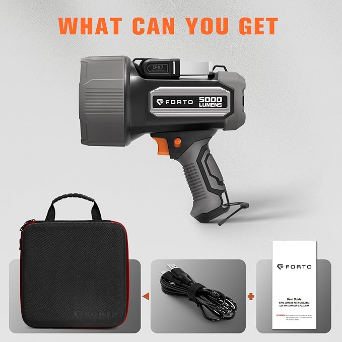FORTO Rechargeable Spotlight 5000 Lumen Ultra Bright IPX7 Waterproof Spotlight, Boat Flashlight with EVA Carrying Case, 7 Light Modes Handheld Spotlight Flashlight for Marine Boat Hunting
