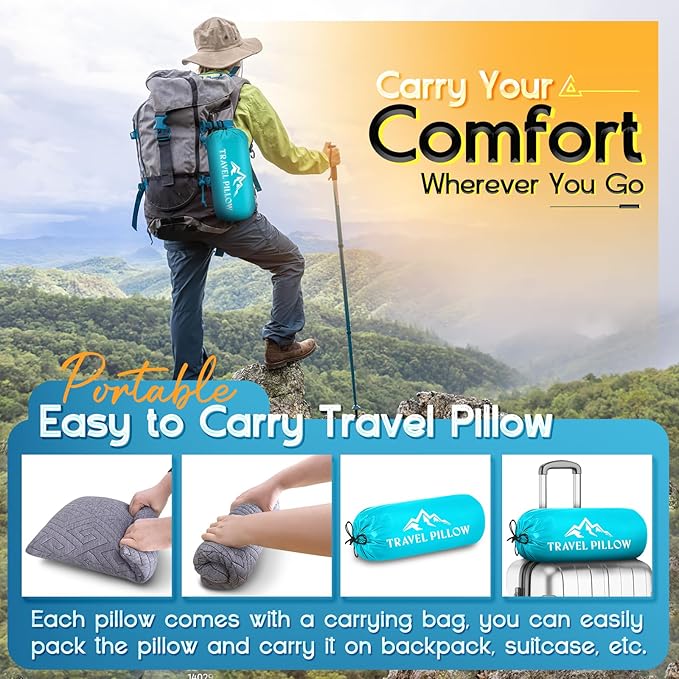 Travel Pillow for Sleeping Camping, Memory Foam Small Pillow with Breathable Cover for Backpacking, Airplane, Car (17.5 x 12 Inch)