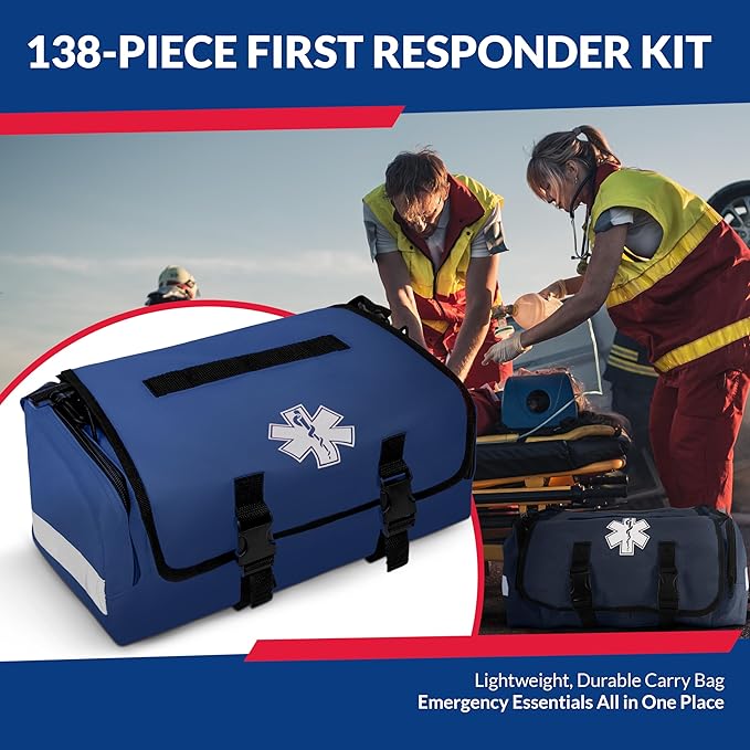 First Responder Trauma First Aid Kit Bag ??Fully Stocked Emergency Medical Kit for Workplace, Vehicle & Home ??OSHA & ANSI Compliant ??Portable ??Blue