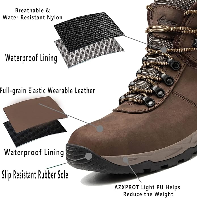 Waterproof Hiking Boots for Men, 6" Comfortable Soft Toe Shoes Mid Non Slip Hiking Shoes Outdoor Travel Shoes Leather Hiking Backpack Boots
